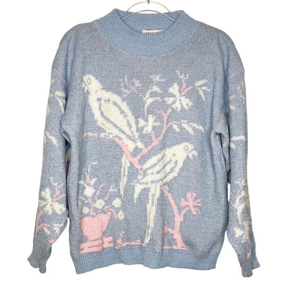 GLAMOUR KNIT Vintage Bird Sweater Metallic Parakeet Parrot Blue Pink Size Large - Picture 1 of 8